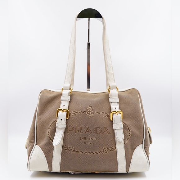 AZ05❤️ PRADA Jacquard Logo Tote Corda Talco - Picture 1 of 15